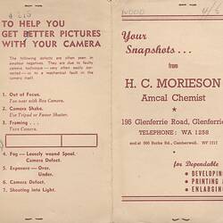 Film Wallet - 'Your Snapshots from H.C. Morieson', circa 1950s