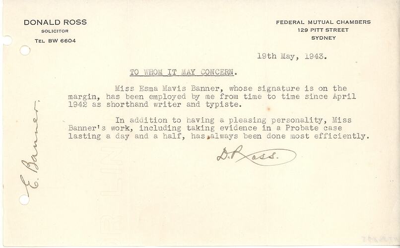 Letter - Employment Reference for Esma Banner from Donald Ross, Solicitor, Sydney, 19 May 1943