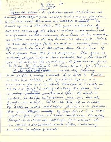 First page of a handwritten letter in blue ink on lined paper; three pages with text printed on both sides of