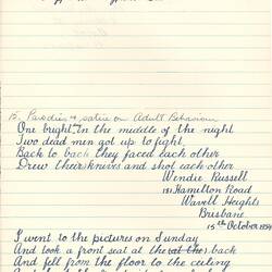 Document - Robin Davies, to Dorothy Howard, Descriptions of Autograph Album Rhymes, Sworn Oaths, Parodies & Satire, 15 Oct 1954
