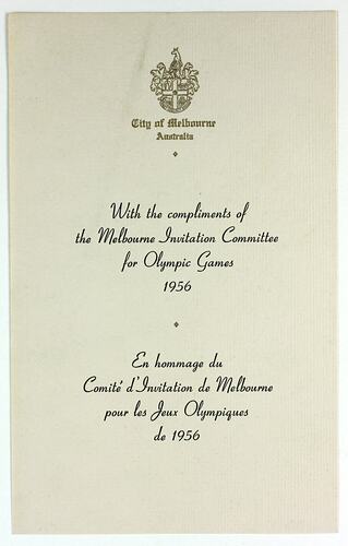Compliments Slip -  Invitation, The XVI Olympiad, Melbourne, 1956