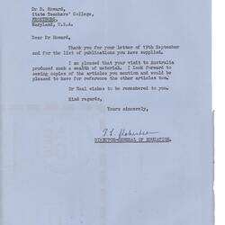 Letter - T. L. Robertson, to Dorothy Howard, Receipt of Letter & List of Dr Howard's Publications, 13 Oct 1961