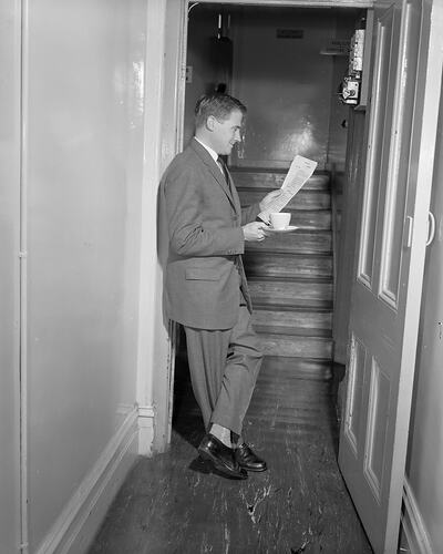 3XY Melbourne Radio Station, Man Standing in a Doorway, Ringwood, Victoria, 11 Feb 1960