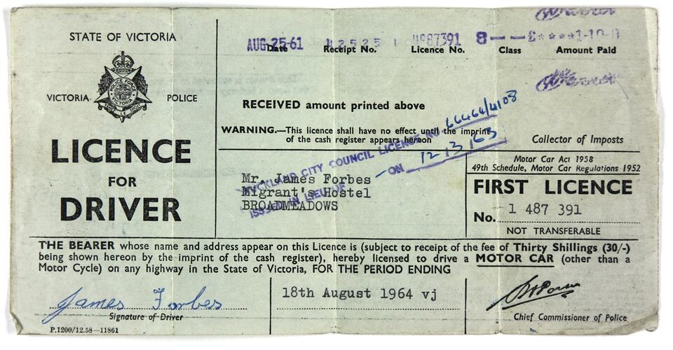 Driver's Licence - James Forbes, State of Victoria, 25 Aug 1961