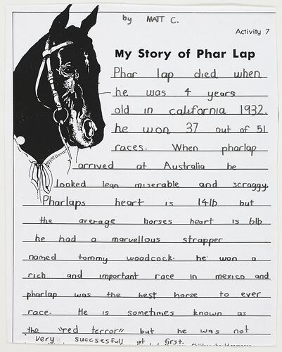 Letter - My Story of Phar Lap, Matt C, 1999