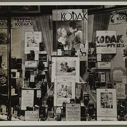 Shopfront display of Kodak cameras, accessories and equipment.