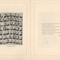Open booklet, white pages with collage of 49 men on left, printed text on right.