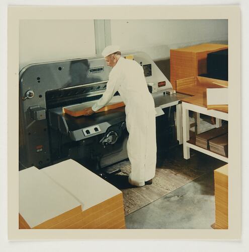 Slide 168, 'Extra Prints of Coburg Lecture', Worker Feeding Paper Into Slitting Machine, Kodak Factory, Coburg, circa 1960s