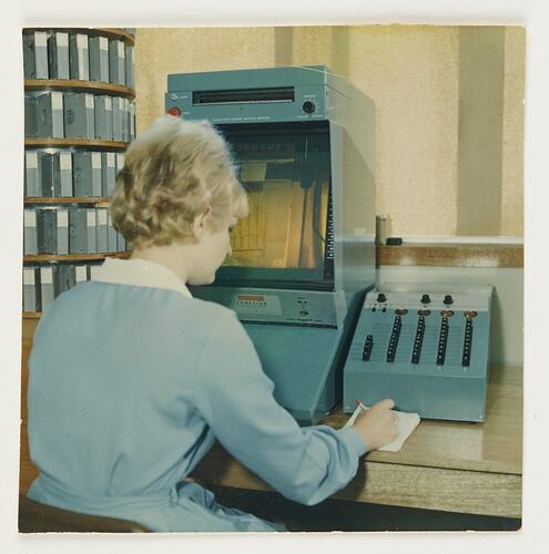 Slide 316, 'Extra Prints of Coburg Lecture', Worker Reviewing Mailing Addresses, Building 20, Kodak Factory, Coburg, circa 1960s