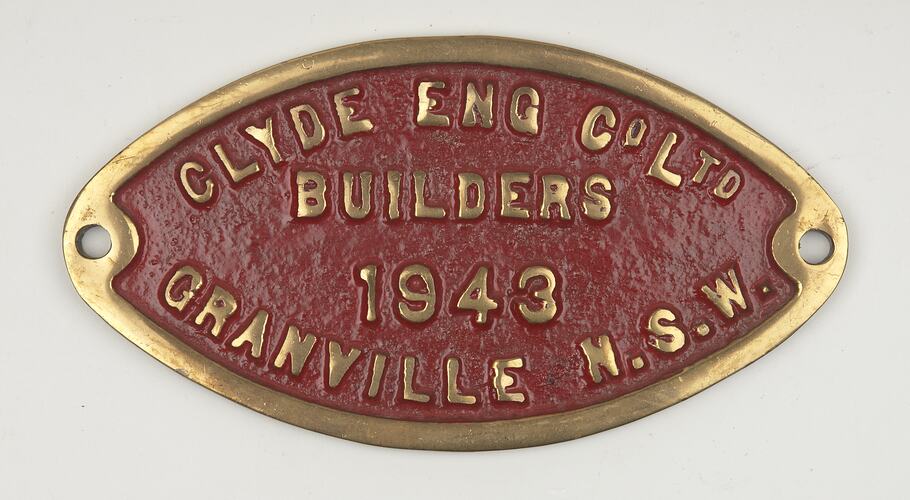 Locomotive Builders Plate - Clyde Engineering Co. Ltd., Granville Works, New South Wales, 1943