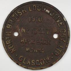 Locomotive Builders Plate - North British Locomotive Co., Glasgow, Scotland, 1910
