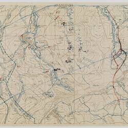 Hand-drawn map in blue, black, brown and red ink on paper. Stains at edges.