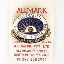 Badge - Royal Australian Nursing Federation Job Representative, Allmark, Western Australia, pre 1990