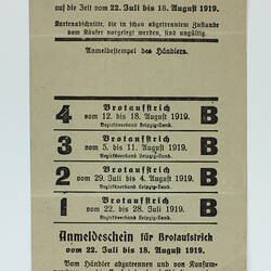 Ration Card - Bread Consumption, Leipzig, Germany, 22 Jul-18 Aug 1919
