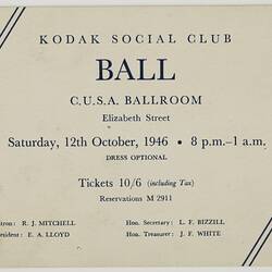 Invitation - Kodak Australasia Pty Ltd, Kodak Social Club, 'Ball', Sydney, 12 Oct 1946