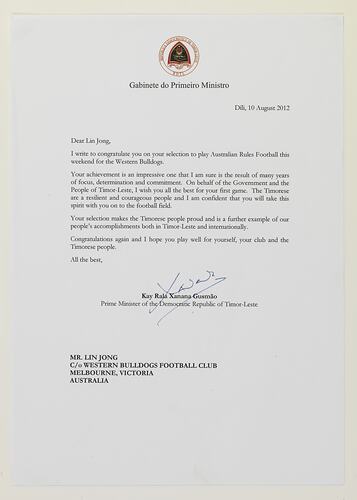 Letter - East Timor Prime Minister Xanana Gusmao to Lin Jong, Western Bulldogs Football Club, 10 Aug 2012