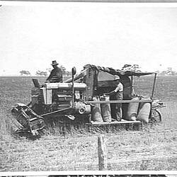 Photograph - H.V. McKay Pty Ltd, Side View of Sunshine Auto Header with Bagging Platform Shade, Charlton, Victoria, 1926