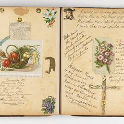 Open scrapbook showing 2 pages of inscriptions and illustrations, mostly portraits and floral motifs.