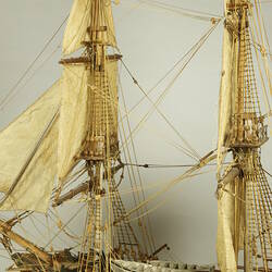 Wooden ship with three masts, detail of centre masts.