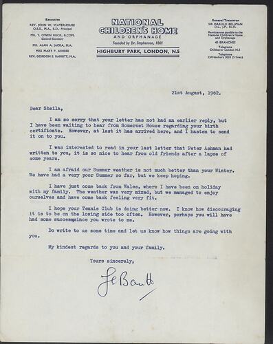 Letter - National Children's Home To Sheila Philpott, London, England, 21 Aug 1962