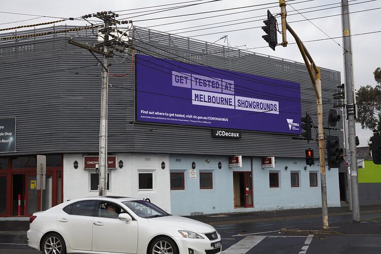 Billboard, 'Get Tested at Melbourne Showgrounds', Mount Alexander Road, Ascot Vale, Jul 2020