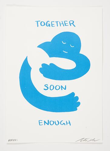Abstract image of two figures embracing. One white, one blue. Words above, middle, below. Signed by artist.