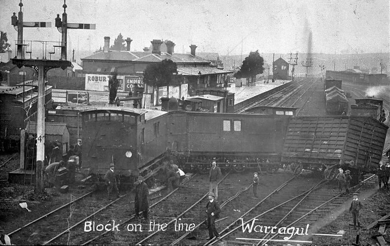 Derailed train, Warragul, circa 1920.