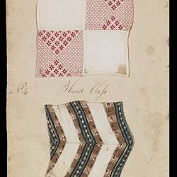 Page 9 of an unbound book containing two sewing samples. Red and white squares and and chevrons.