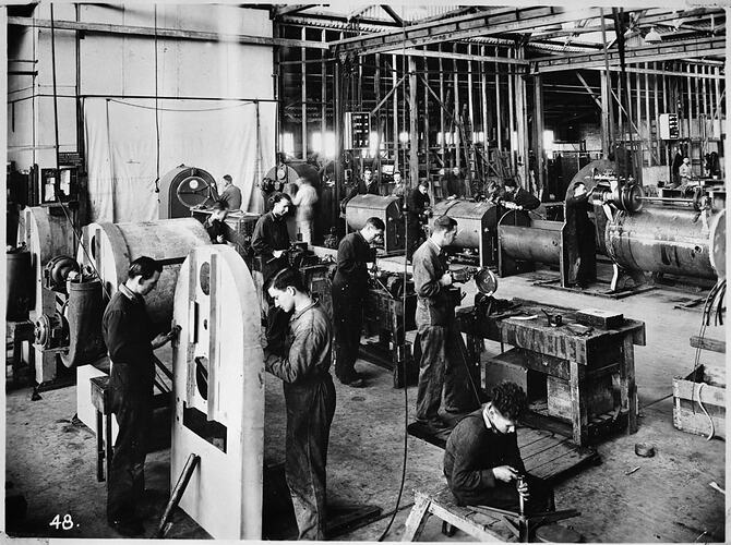 Negative - Workmen in the Washer & Tumbler Assembly, Horscroft and Company, Melbourne, Victoria, 1944