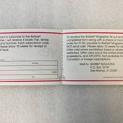 Open leaflet with pink trim and black text.