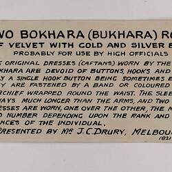 Exhibition Label - Two Bokhara (Bukhara) Robes, Industrial & Technological Museum, Melbourne, after 1930