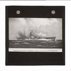 Illustration of a ship of war at sea.