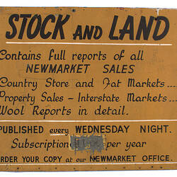 Sign - Stock and Land, Newmarket Saleyards, Newmarket, pre 1987