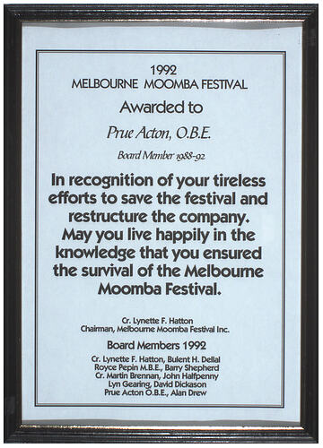 Framed Award - 1992 Melbourne Moomba Festival