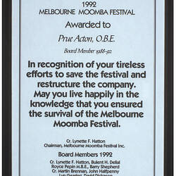 Certificate - Melbourne Moomba Festival, Prue Acton, Framed, 1992