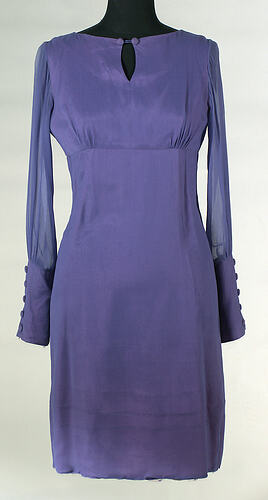 Purple Empire line mini dress with transparent sleeves.