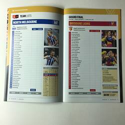 Open football record with text and 2 female footballers on left page. Text and two female footballers on right