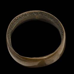 Wedding band made from a penny coin. Inscriptions on inside of band.