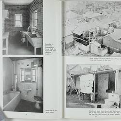 Open booklet with white pages and black printing. Laundry, bathroom images on left and two houses on right.