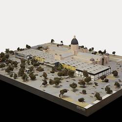 Architectural model of Royal Exhibition Building, Carlton Gardens with fountains, carpark and annexes.
