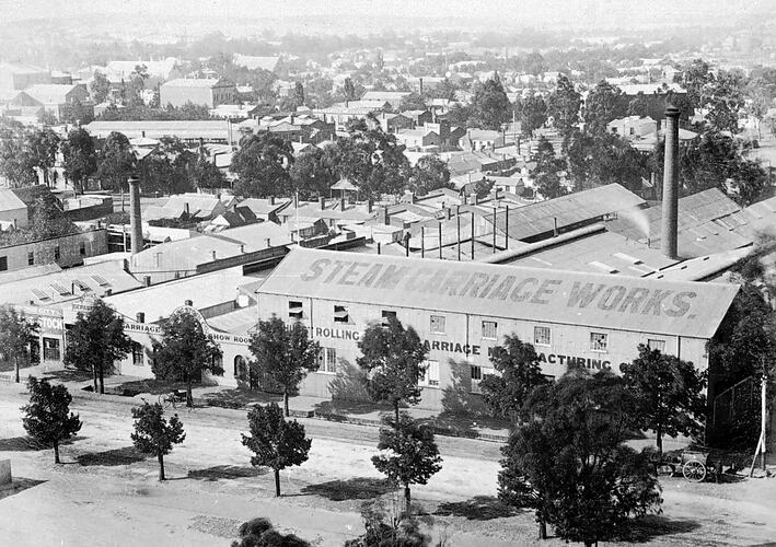 Steam carriage works of Bendigo Rolling Stock company, Bendigo, 1890.