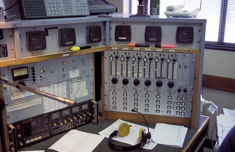 Right-hand panels of operator's console, containing transmitter frequency selectors. Melbourne Coastal Radio Station, Cape Schanck, Victoria.