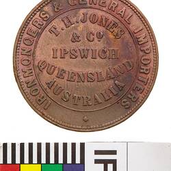 Token - 1 Penny, T.H. Jones & Co, Ironmongers, Ipswich, Queensland, Australia, circa 1858