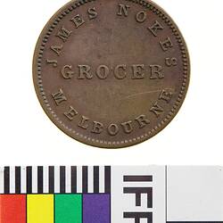 Token - Halfpenny, James Nokes, Wholesale & Retail Grocers, Melbourne, Victoria, Australia, 1854