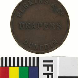 Token - 1 Penny, Perkins & Co, Drapers, Dunedin, Otago, New Zealand, circa 1865