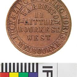 Token - 1 Penny, T. Warburton, Iron & Zinc Spouting Works, Melbourne, Victoria, Australia, 1862
