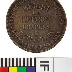 Token - 1 Penny, Weight & Johnson, Drapers & Outfitters, Sydney, New South Wales, Australia, circa 1857