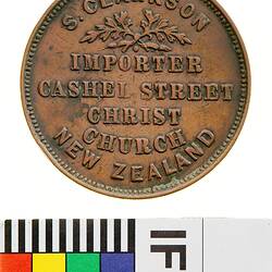 Token - 1 Penny, S. Clarkson, Importer & Wholesaler, Christchurch, New Zealand, 1875