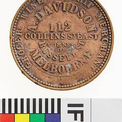 Token - 1 Penny, A. Davidson, Grocer, Wine & Spirit Merchant, Melbourne, Victoria, Australia, 1862