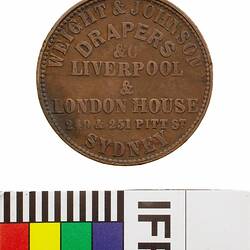 Token - Halfpenny, Weight & Johnson, Drapers & Outfitters, Sydney, New South Wales, Australia, circa 1857